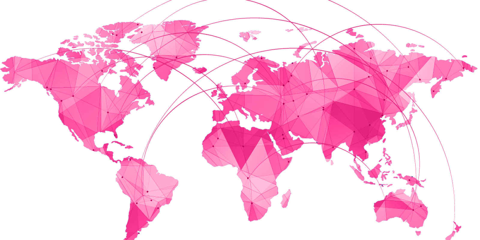 A stylized pink world map with polygonal shading and network lines connecting continents, symbolizing global connections and Supply Chain Network Design & Optimization Services.