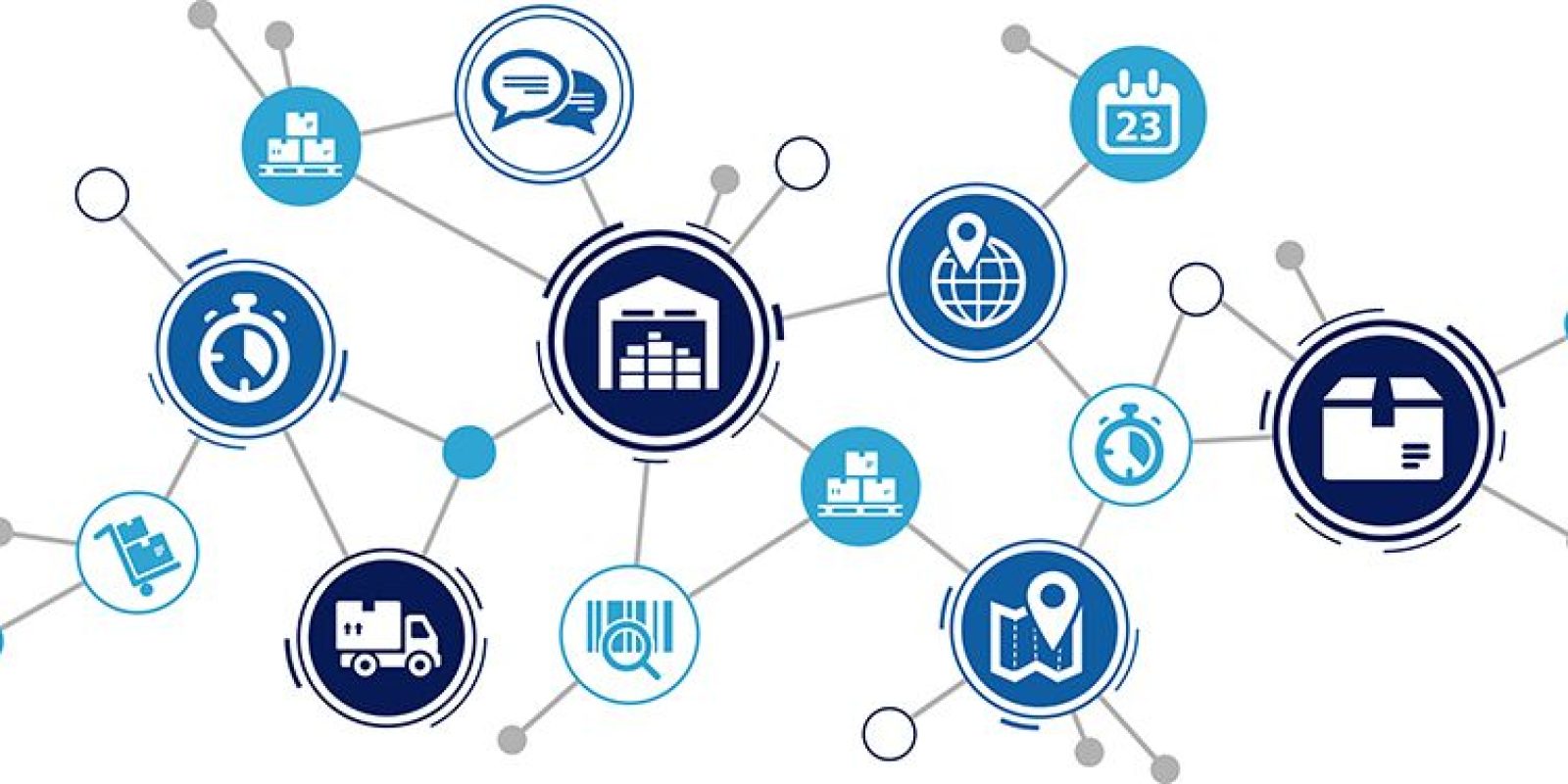 A network of interconnected blue and white icons representing logistics elements like warehouses, trucks, maps, and barcodes, symbolizing supply chain visibility and management.