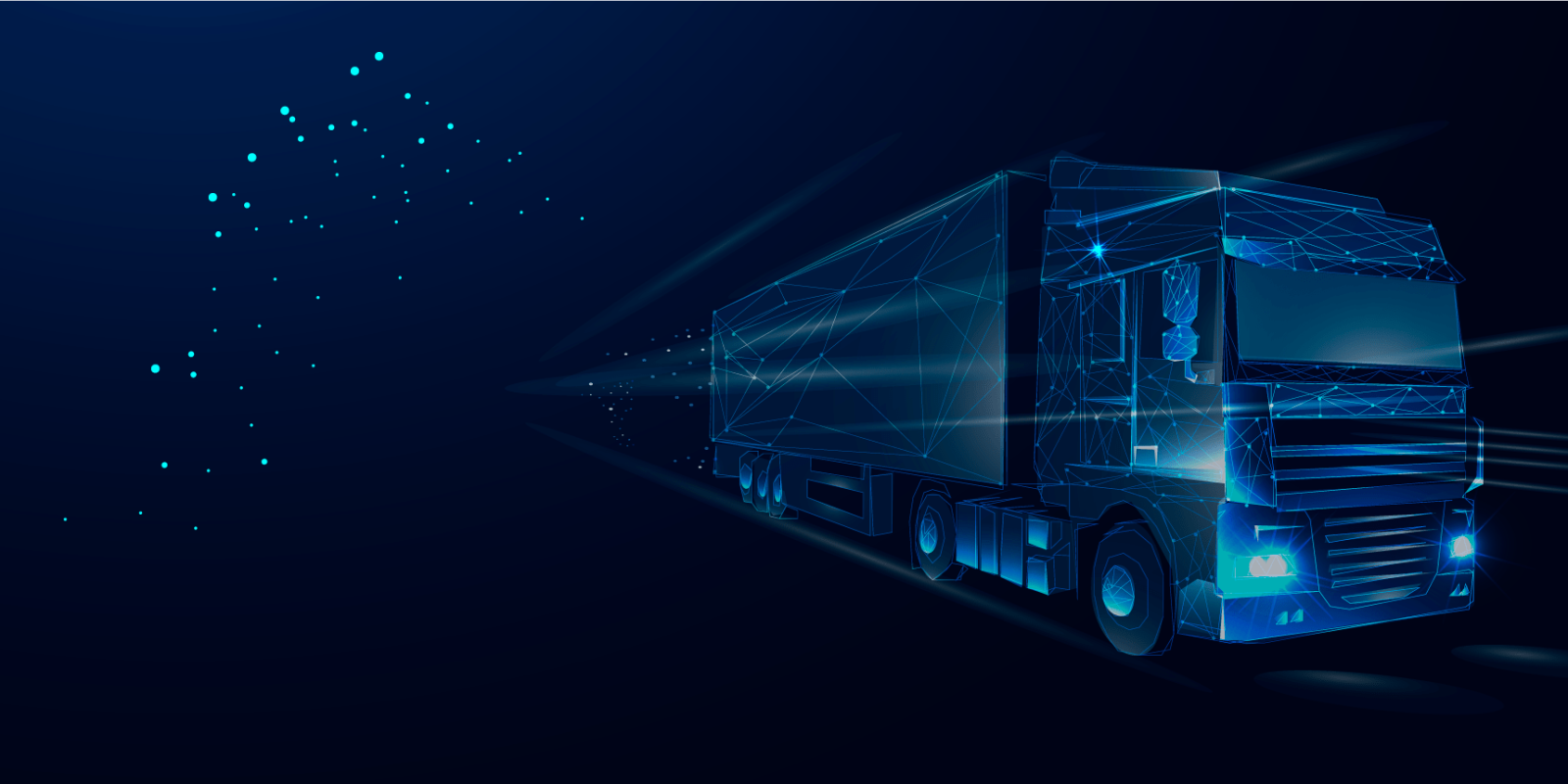 A futuristic, digital illustration of a semi-truck glowing with blue lines and geometric shapes, driving through a dark, starry background, representing advanced technology in transportation or logistics.