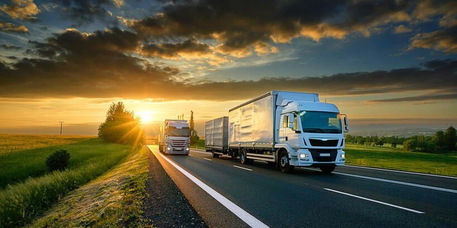 Two large white trucks drive on a highway through green fields at sunset, with dramatic clouds and sunlight shining in the sky.