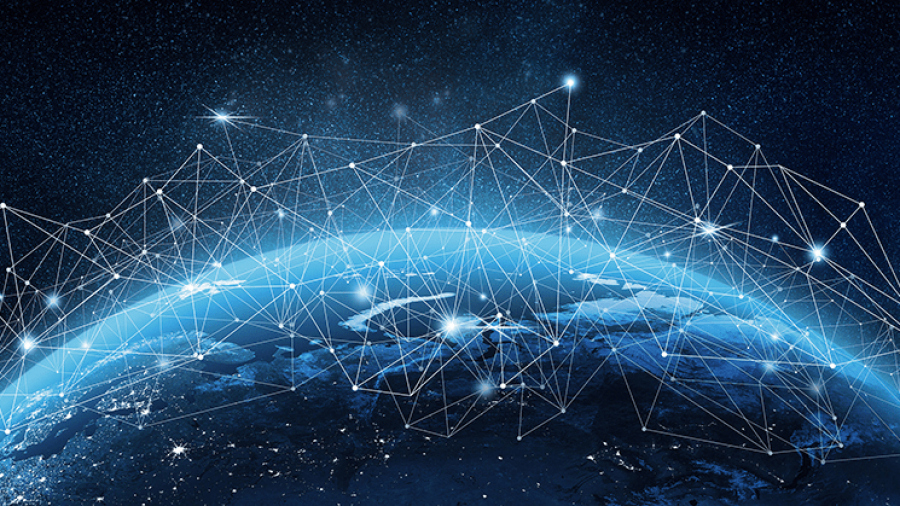 A view of Earth from space with glowing network lines and nodes connecting various points, symbolizing global communication and digital connectivity across the planet.