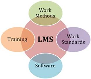 Diagram with four overlapping ovals labeled Training, Work Methods, Work Standards, and Software surrounding a central circle labeled LMS.