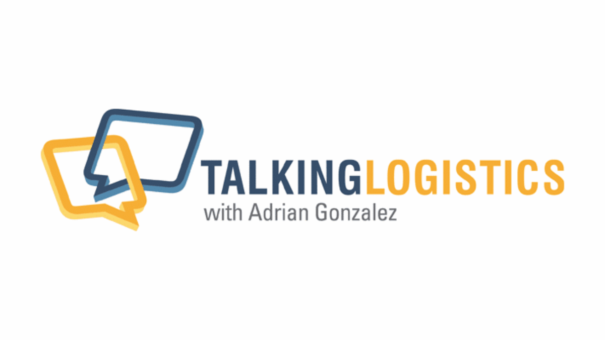 Logo featuring two overlapping speech bubbles, one blue and one yellow, next to the text Talking Logistics with Adrian Gonzalez in blue and yellow on a white background.