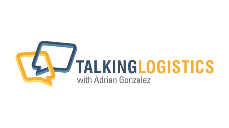 Logo featuring two overlapping speech bubbles, one blue and one yellow, next to the text Talking Logistics with Adrian Gonzalez in blue and yellow on a white background.