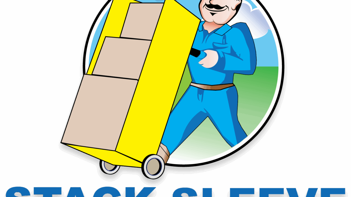 Cartoon delivery man in blue uniform and green cap smiling while pushing a yellow hand truck with stacked boxes. Text below reads STACK SLEEVE DIRECT STORE DELIVERY SYSTEM.