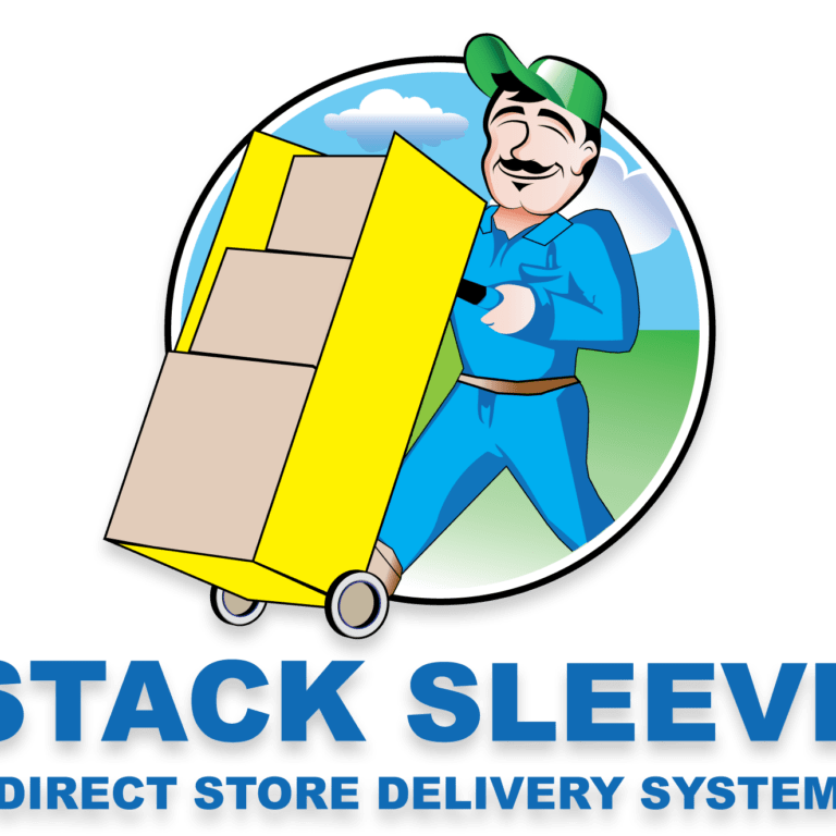 Cartoon delivery man in blue uniform and green cap smiling while pushing a yellow hand truck with stacked boxes. Text below reads STACK SLEEVE DIRECT STORE DELIVERY SYSTEM.