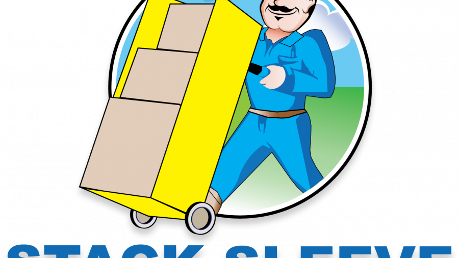 Cartoon delivery man in blue uniform and green cap smiling while pushing a yellow hand truck with stacked boxes. Text below reads STACK SLEEVE DIRECT STORE DELIVERY SYSTEM.