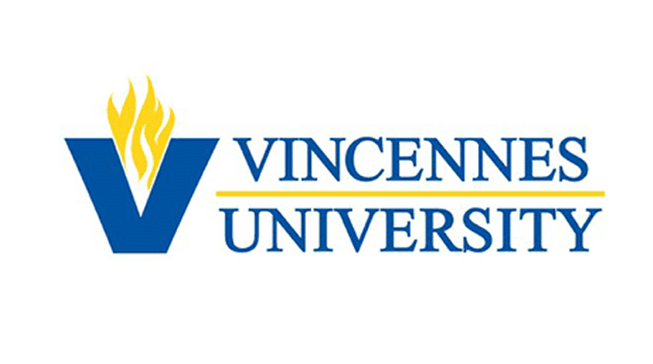 Vincennes University logo featuring a blue V with yellow flames above it, and the words Vincennes University in blue, separated by a yellow line.