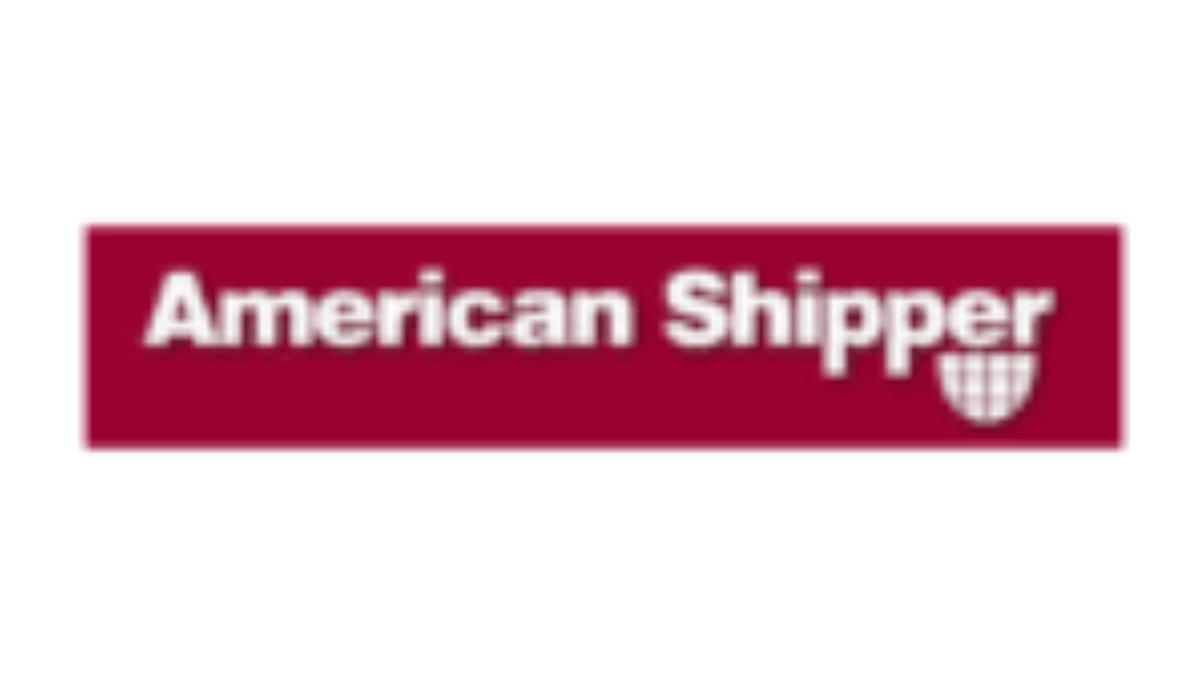 Logo for American Shipper featuring white text on a maroon background, with a globe icon in white at the lower right of the word “Shipper.”.