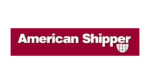Logo for American Shipper featuring white text on a maroon background, with a globe icon in white at the lower right of the word “Shipper.”.
