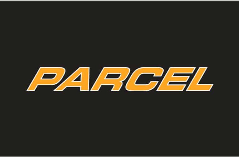 The word PARCEL is written in bold, uppercase, yellow-orange letters with a slight italic slant, set against a dark background.