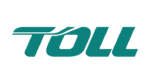 The image shows the green and white logo of TOLL, a logistics and transportation company, with bold, italicized letters and a stylized line running across the top of the letter T.