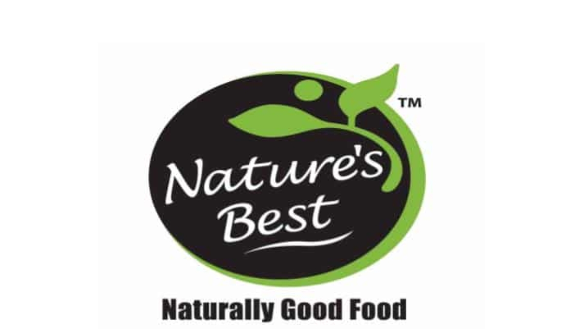 A black oval logo with Natures Best written in white script, surrounded by a green outline and leaf design, above the words Naturally Good Food in bold black text.
