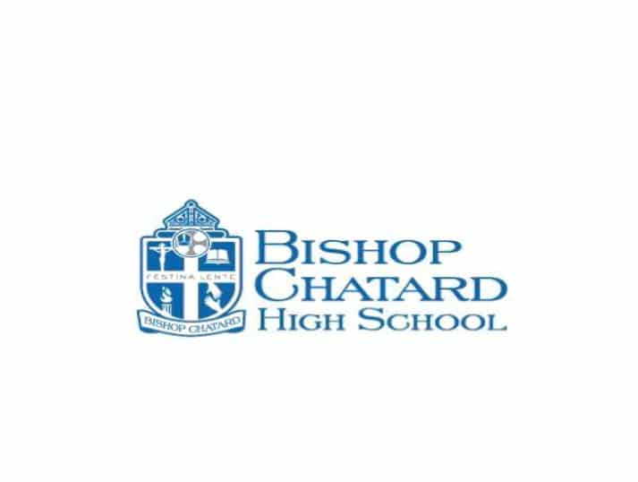 The Bishop Chatard High School logo features a blue crest with Latin text and religious symbols next to the schools name in blue capital letters on a white background.
