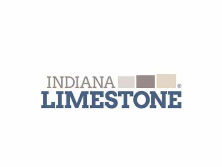 The Indiana Limestone logo features the words INDIANA LIMESTONE with INDIANA in gray above four stone-colored squares and LIMESTONE in bold blue letters below.