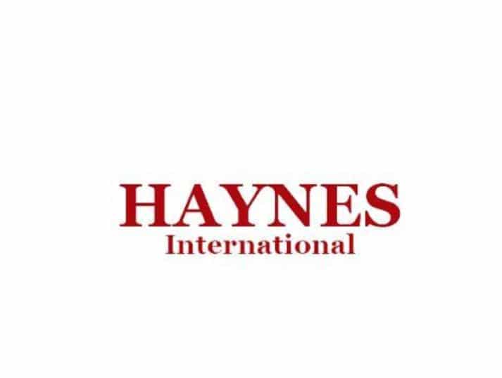 The image displays the Haynes International logo, with HAYNES in large red capital letters and International in smaller red text beneath it, all set against a white background.