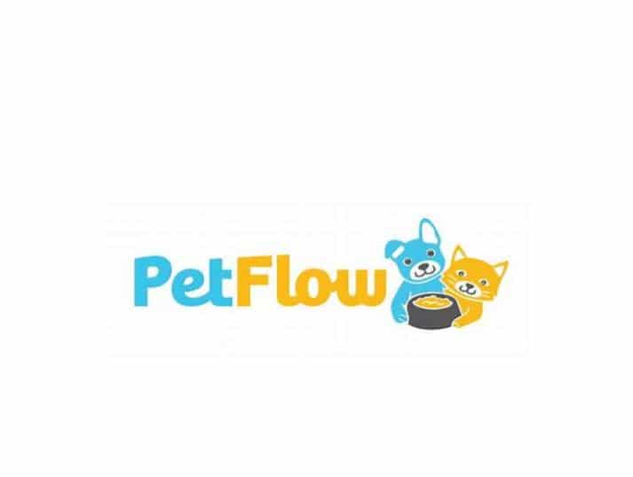 Logo for PetFlow featuring the word PetFlow in blue and yellow, with a cartoon blue dog and yellow cat holding a bowl of pet food together on the right side.
