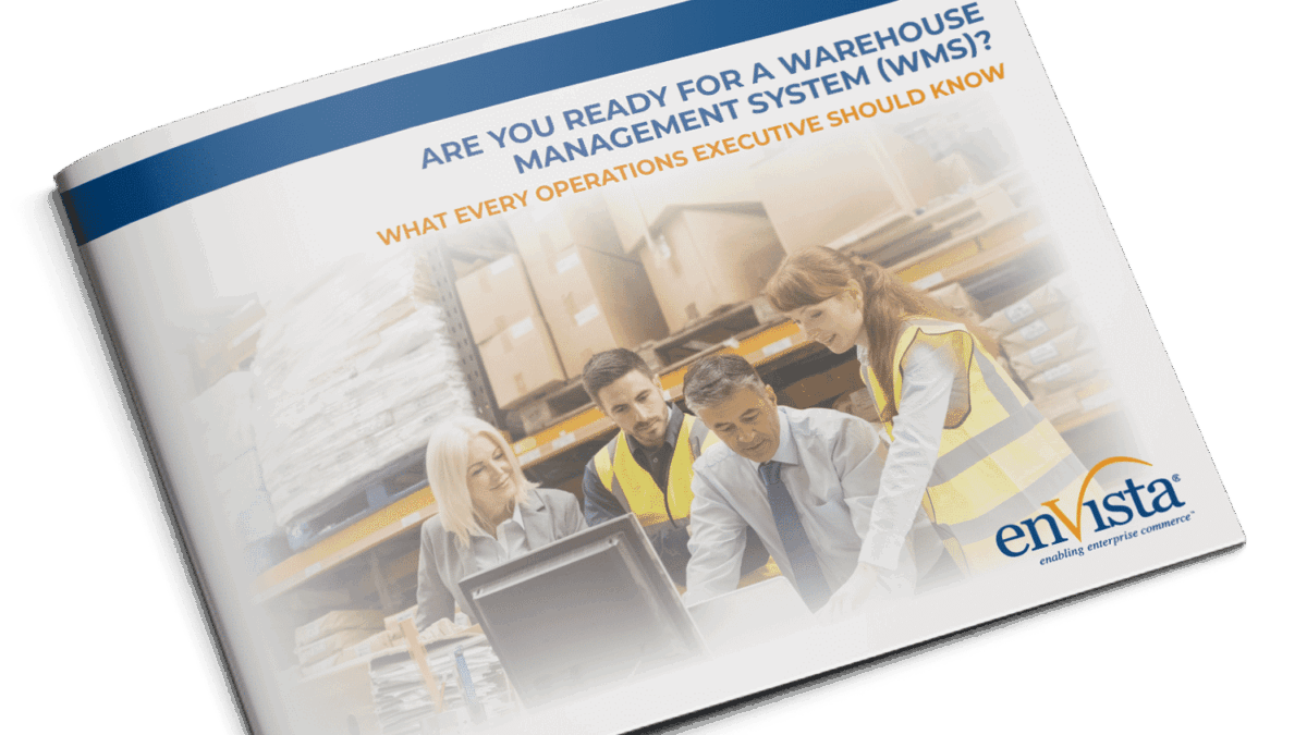 A brochure titled Are You Ready for a Warehouse Management System (WMS)? shows four people in safety vests reviewing documents in a warehouse. The enVista logo is visible in the bottom right corner.
