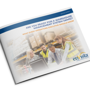A brochure titled Are You Ready for a Warehouse Management System (WMS)? shows four people in safety vests reviewing documents in a warehouse. The enVista logo is visible in the bottom right corner.
