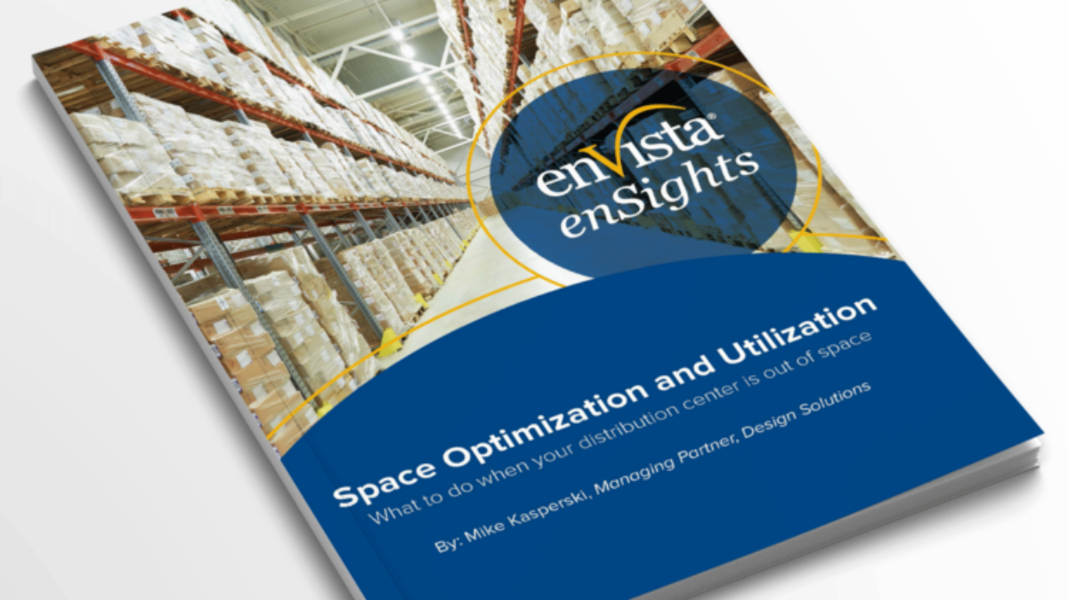 A magazine titled enVista enSights with a cover image of a warehouse filled with stacked pallets. The headline reads Space Optimization and Utilization with a subtitle about distribution center space solutions.