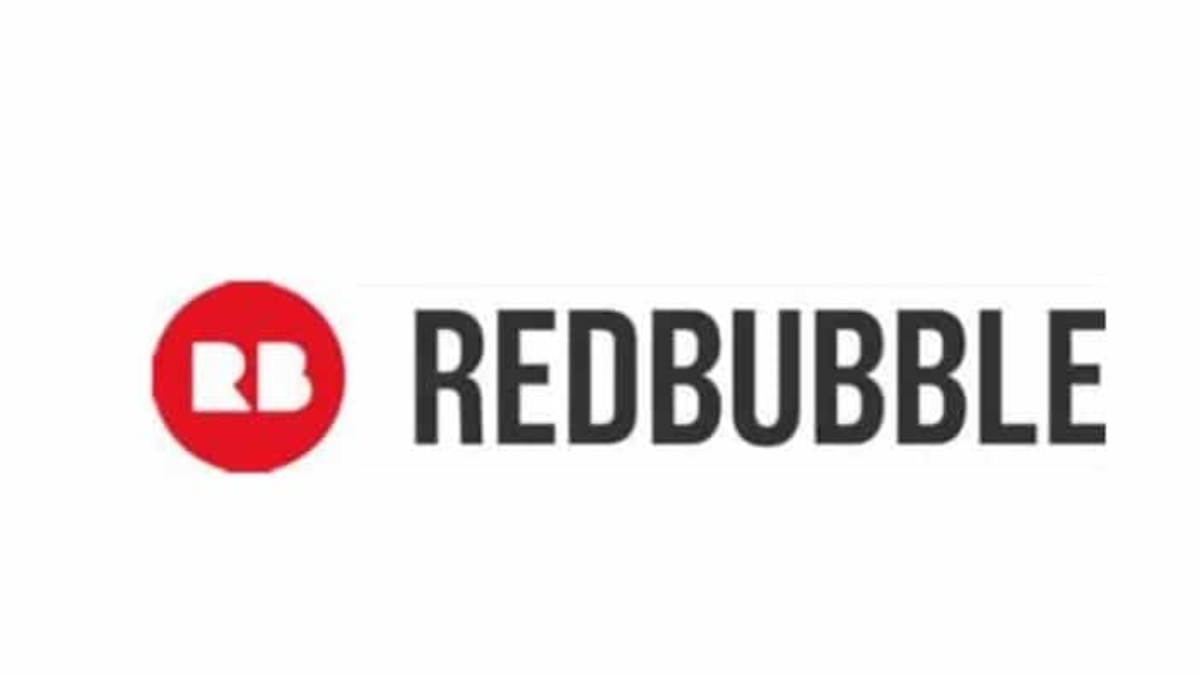 Redbubble logo with a red circle containing white letters RB on the left, and the word REDBUBBLE in bold, black capital letters on the right.