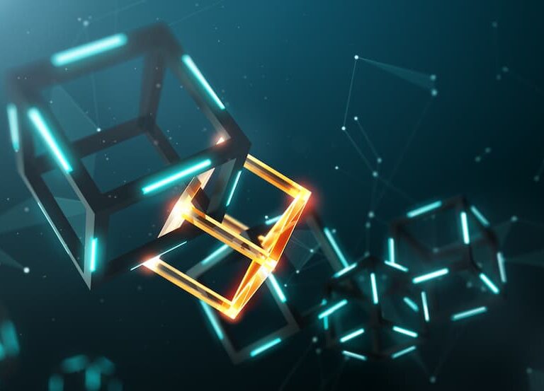 A digital illustration of interconnected 3D cubes, with one glowing orange, representing blockchain technology on a dark blue, futuristic background with light-blue nodes and lines.