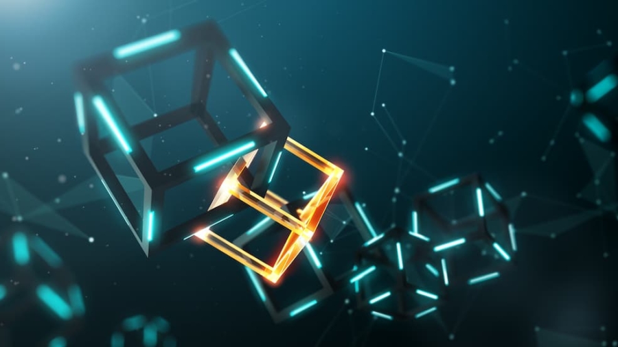 A digital illustration of interconnected 3D cubes, with one glowing orange, representing blockchain technology on a dark blue, futuristic background with light-blue nodes and lines.