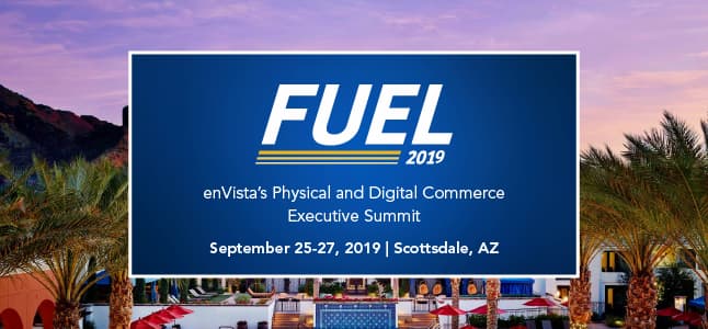 Event banner for FUEL 2019: enVistas Physical and Digital Commerce Executive Summit, held September 25-27, 2019, in Scottsdale, AZ, with a backdrop of a resort, palm trees, and mountains at sunset.