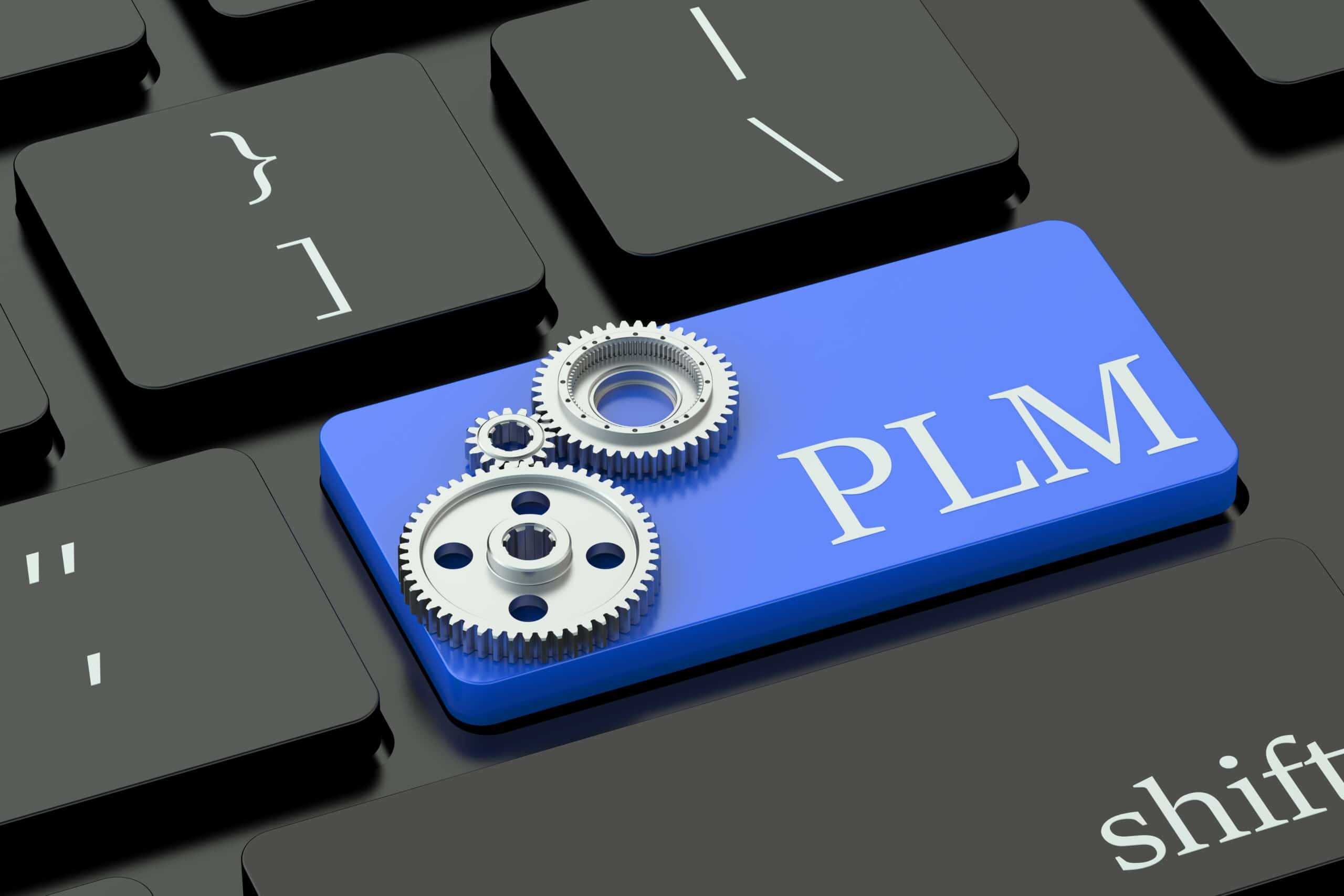 A blue keyboard key labeled PLM with three silver gears overlapping it, surrounded by black keys, symbolizing Product Lifecycle Management and technological integration.