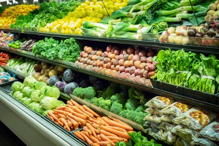 A grocery store produce section displaying a variety of fresh vegetables, including carrots, lettuce, broccoli, potatoes, leeks, bell peppers, and leafy greens neatly arranged on shelves.
