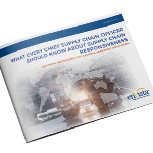 A white paper booklet titled What Every Chief Supply Chain Officer Should Know About Supply Chain Responsiveness with images of ships, trucks, planes, and a world map on the cover.