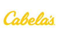 The image displays the Cabelas logo, featuring the brand name Cabelas in a bold, yellow, cursive script on a light gray background.