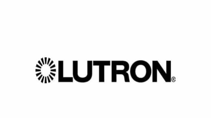 Lutron logo with black uppercase text and a circular sunburst design to the left of the word LUTRON on a white background.
