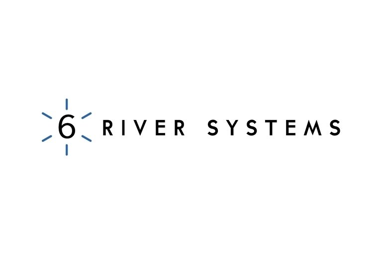 Logo for 6 River Systems featuring a stylized number 6 with blue lines radiating from it, next to the words RIVER SYSTEMS in uppercase black letters on a white background.