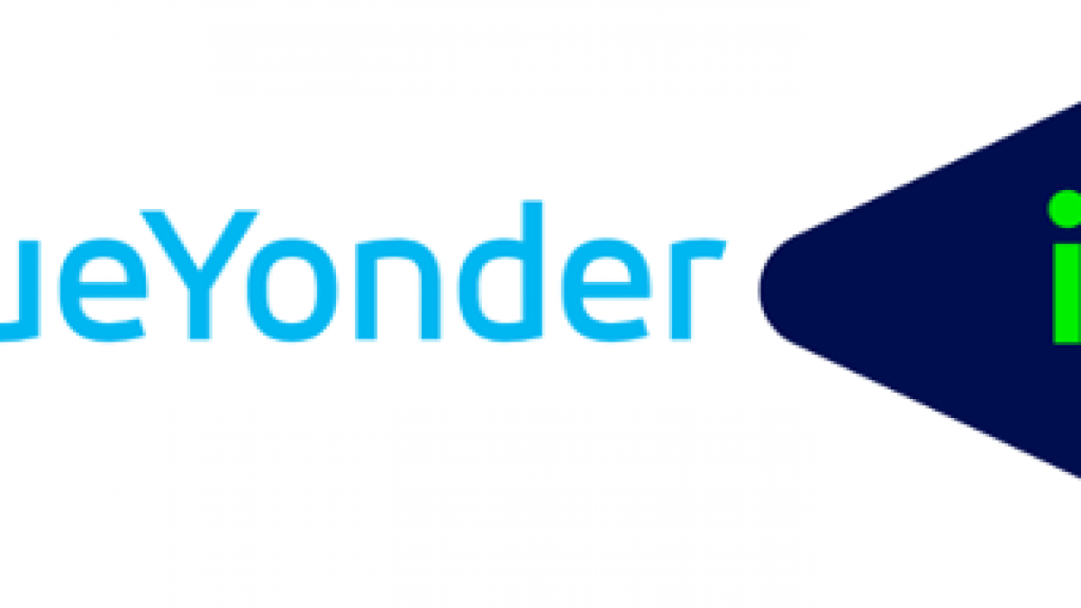 Blue Yonder icon logo with BlueYonder in light blue text and icon in blue and green inside a dark blue rounded triangular shape.