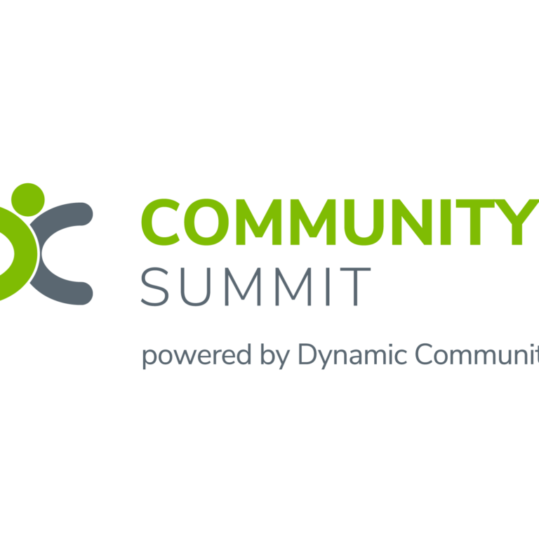 Logo for Community Summit powered by Dynamic Communities. It features a green and gray abstract human figure next to the text, with COMMUNITY in bold green and the rest in gray on a white background.