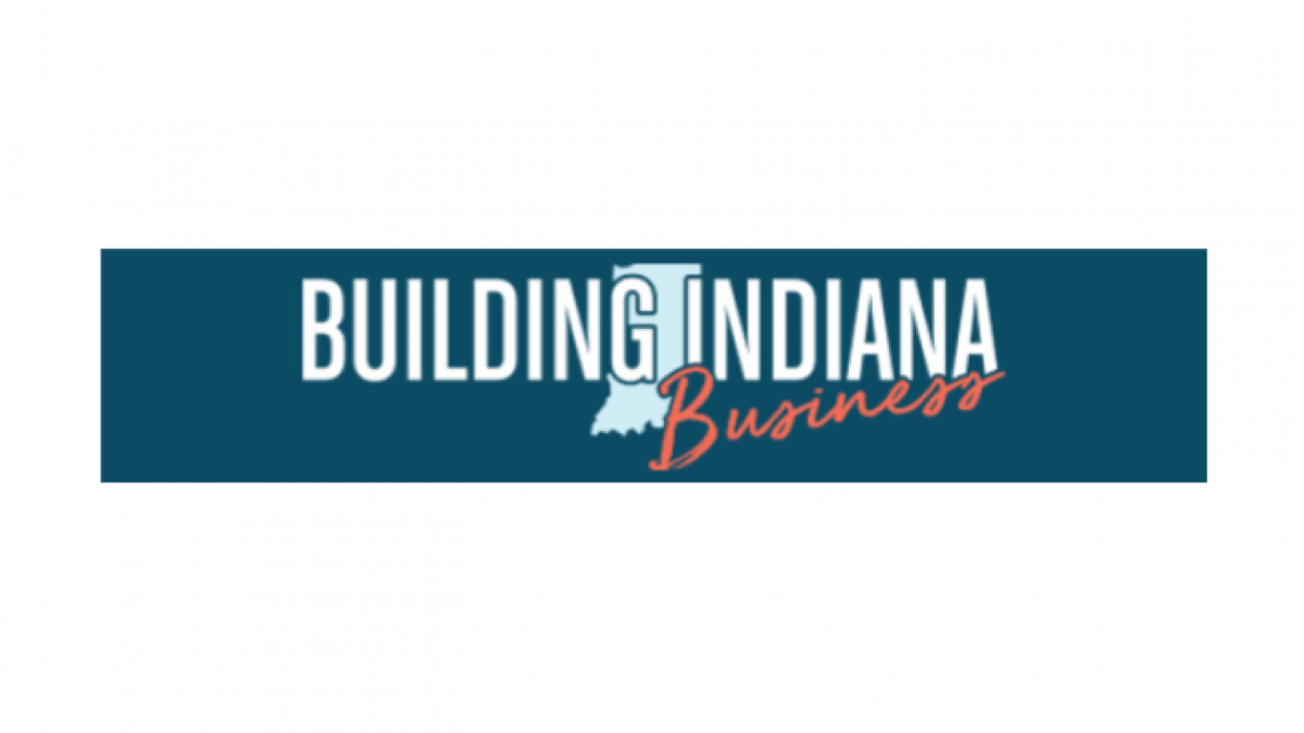 Logo with the words Building Indiana Business in white and red text on a blue background. The shape of Indiana replaces the I in Indiana.
