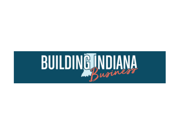 Logo with the words Building Indiana Business in white and red text on a blue background. The shape of Indiana replaces the I in Indiana.