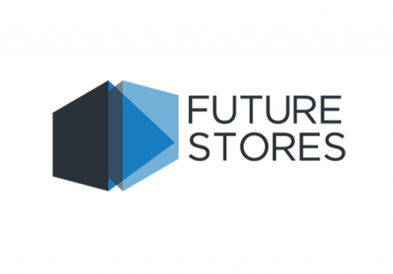 Logo with three overlapping geometric shapes in black, dark blue, and light blue, next to the text FUTURE STORES in capital letters on a white background.