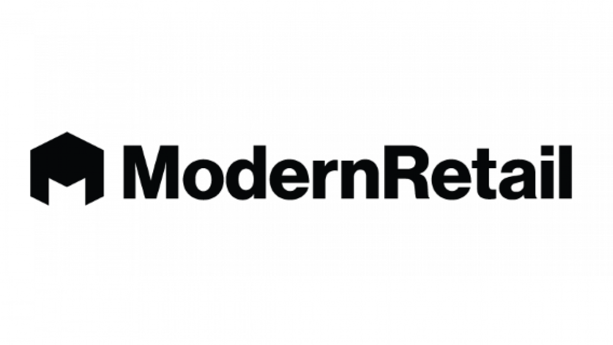 Black text reads ModernRetail in bold font. To the left, there is a black geometric logo resembling a stylized M within a hexagon. The background is light gray.