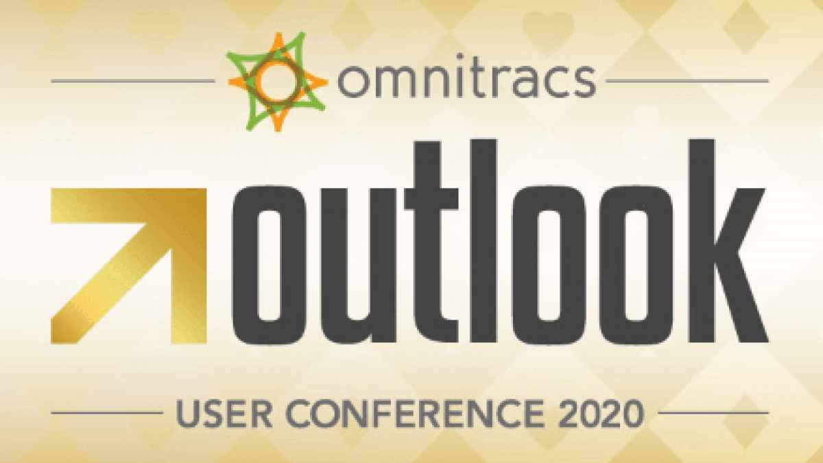 Omnitracs Outlook User Conference 2020 logo with a gold, white, and yellow diamond-patterned background and bold black and gold text.