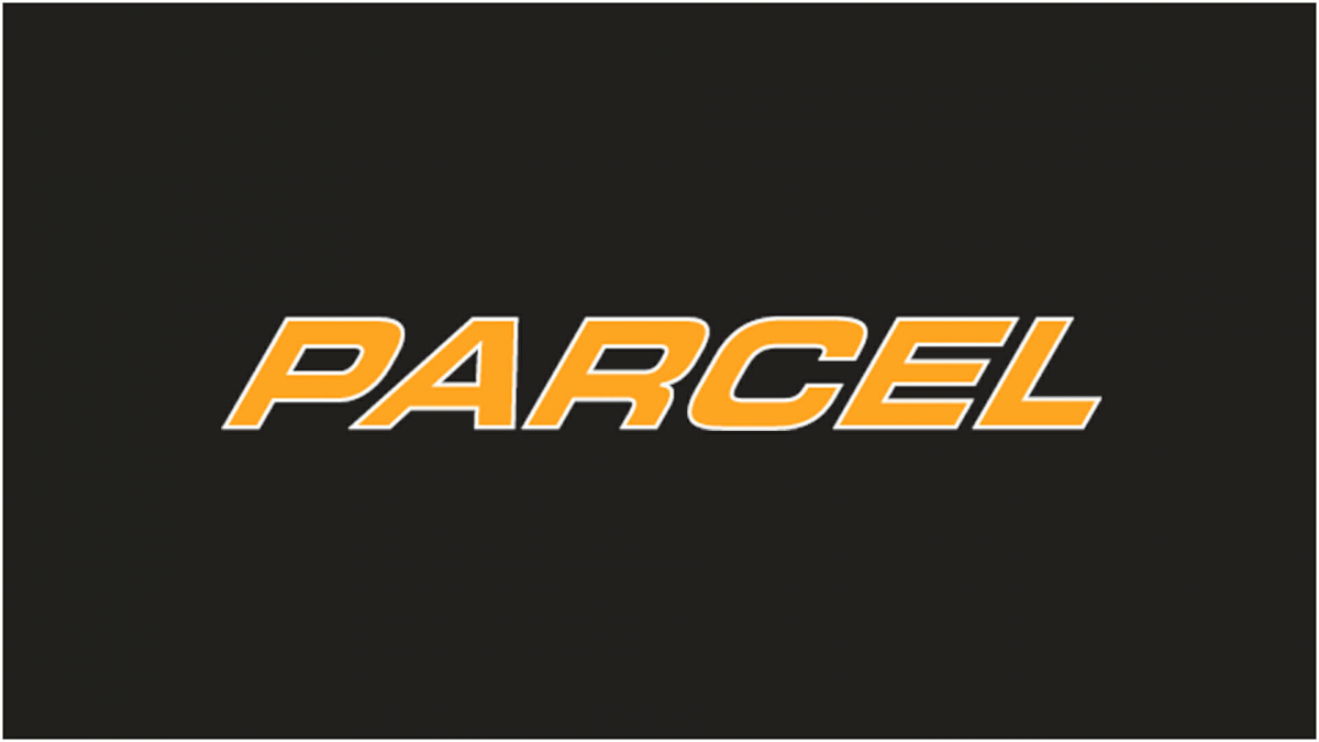 The image displays the word PARCEL in bold, uppercase, orange letters with a white outline, centered on a black background.