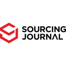 Sourcing Journal logo featuring a red geometric symbol resembling a stylized S to the left of the bold black text Sourcing Journal on a white background.