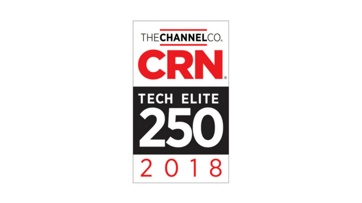 Logo for The Channel Company’s CRN Tech Elite 250, with “2018” in red at the bottom and “Tech Elite 250” in large white letters on a black background in the center.