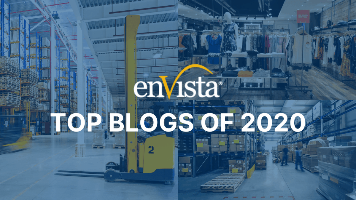 A collage featuring a warehouse, retail store, forklift, and storage area with the enVista logo and the text TOP BLOGS OF 2020 overlaid in white.