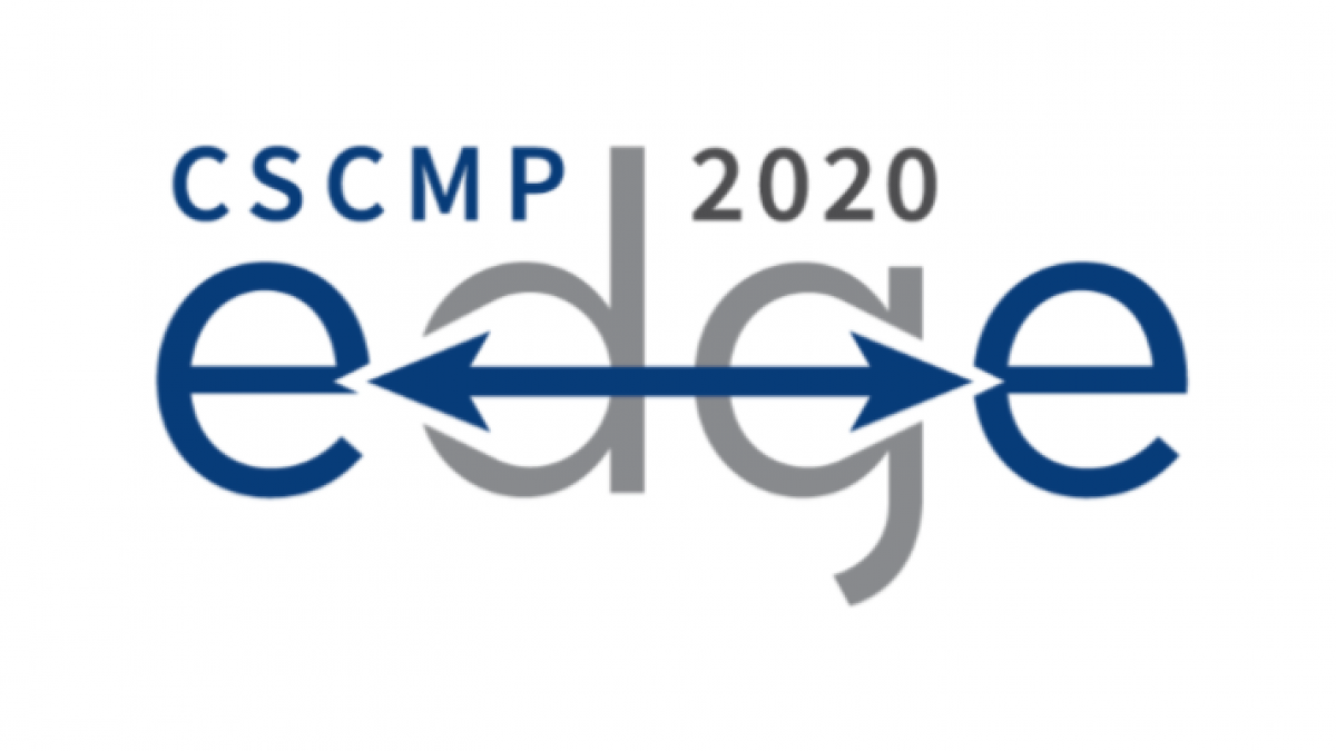 Logo for CSCMP 2020 EDGE, with the word edge in large letters. A blue double-headed arrow runs horizontally through the middle of the word edge.