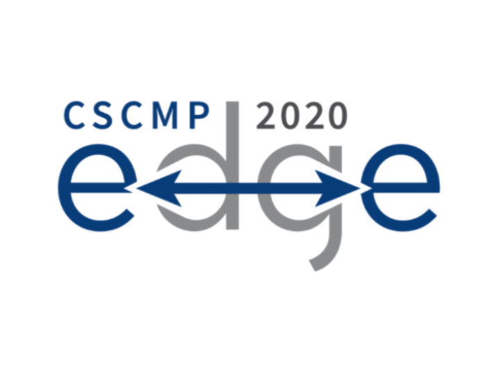 Logo for CSCMP 2020 EDGE, with the word edge in large letters. A blue double-headed arrow runs horizontally through the middle of the word edge.