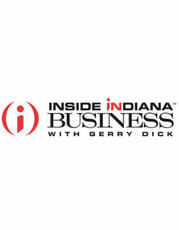Logo for Inside Indiana Business with Gerry Dick featuring a red and white circular i icon on the left, with the program name in bold black and red uppercase text to the right.