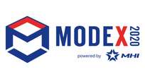 Logo for MODEX 2020, featuring a stylized blue and red geometric M icon, MODEX text with the “X” in red, and “2020” written vertically. Includes powered by MHI with a star logo.