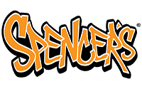 The image shows the Spencers logo in bold, orange, graffiti-style lettering with a black outline against a gray background, capturing an energetic vibe reminiscent of the power platform culture.